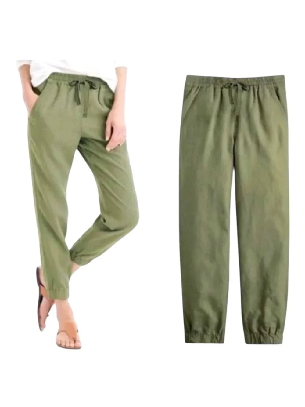 J Crew Point Sur Pants Women 2 Olive Green Linen Blend Joggers Athleisure Preppy